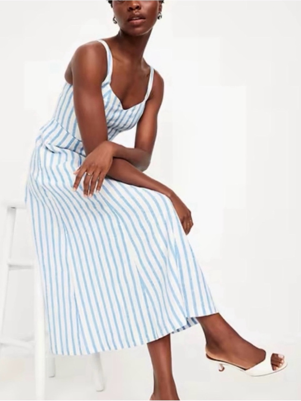 Old Navy Fit & Flare Sleeveless Linen-Blend Blue and White Striped Midi Dress